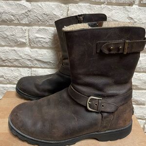 UGG Grandle leather boots Moto brown waterproof shearling zip buckle 8